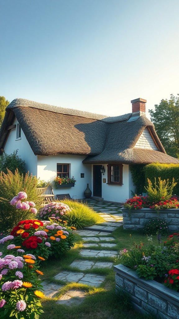 A cozy white cottage with a thatched roof surrounded by colorful flowers and a stone pathway.
