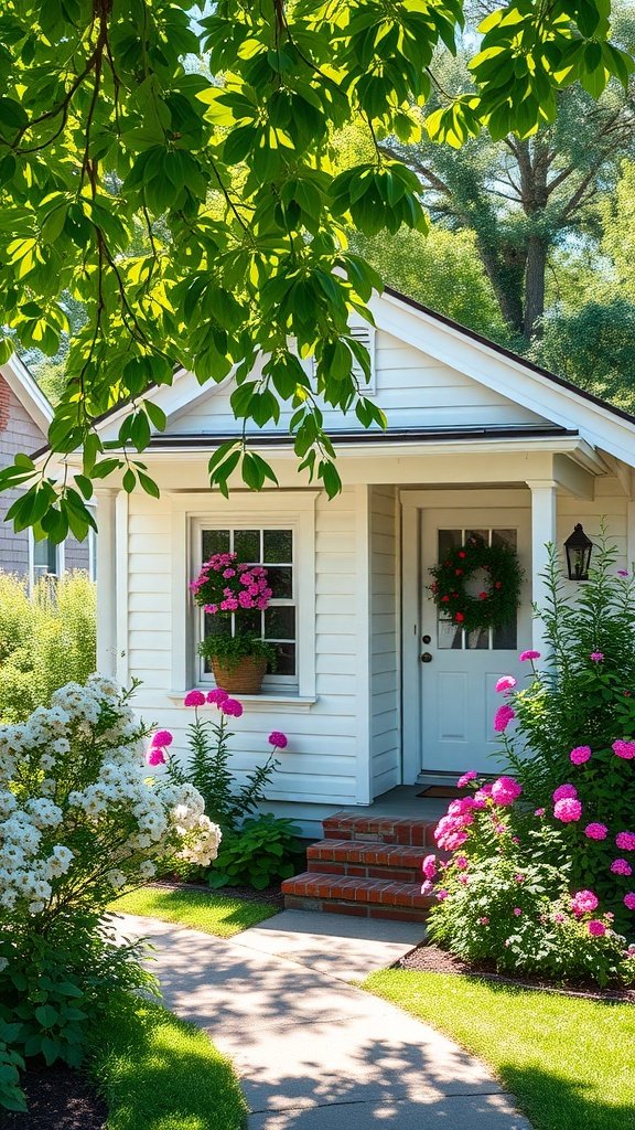 A charming white cottage surrounded by lush greenery and colorful flowers