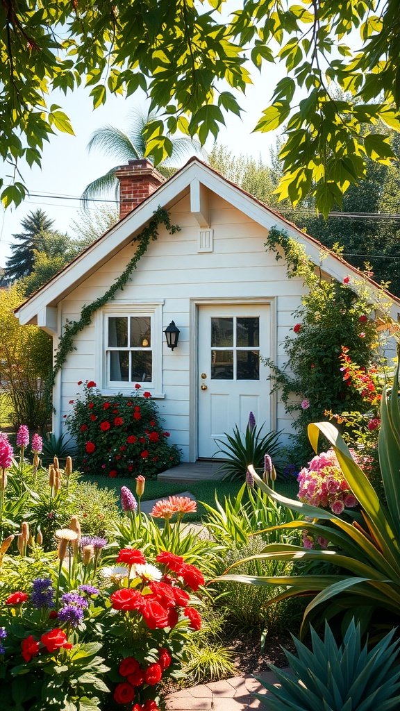 A quaint white cottage surrounded by a colorful garden filled with flowers.