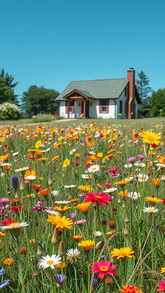 A charming house surrounded by a vibrant wildflower meadow under a clear blue sky.