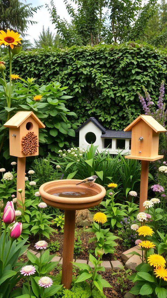A colorful garden with birdhouses, a birdbath, and various flowers, promoting wildlife-friendly features.