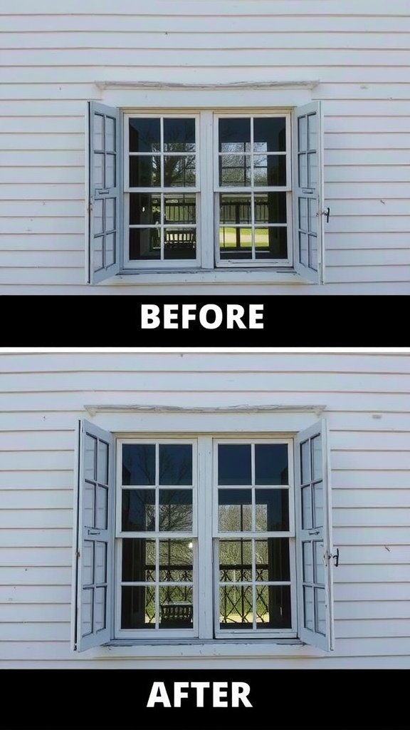 Before and after image of a farmhouse window renovation showing improved shutters and glass.