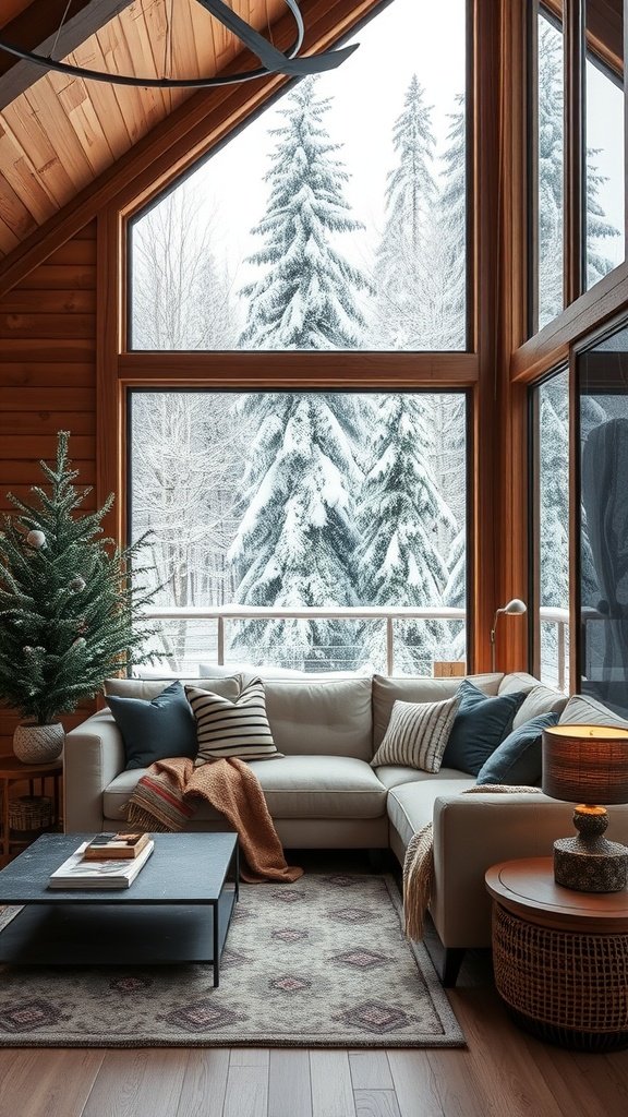 Cozy winter cabin living room with large windows, snowy trees outside, and inviting furniture