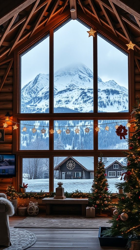 A beautifully decorated rustic mountain house interior with large windows showcasing snowy mountains outside.