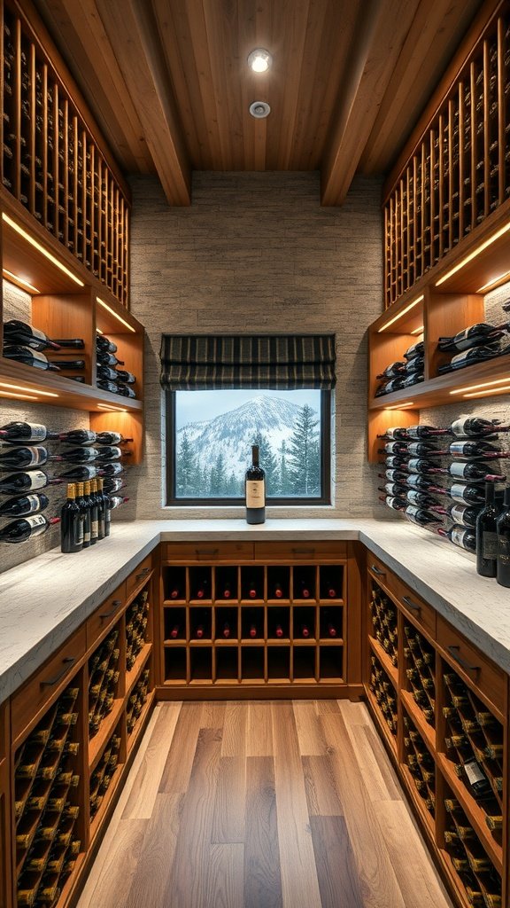 A modern wine cellar with wooden shelves filled with wine bottles, a marble countertop, and a scenic mountain view.