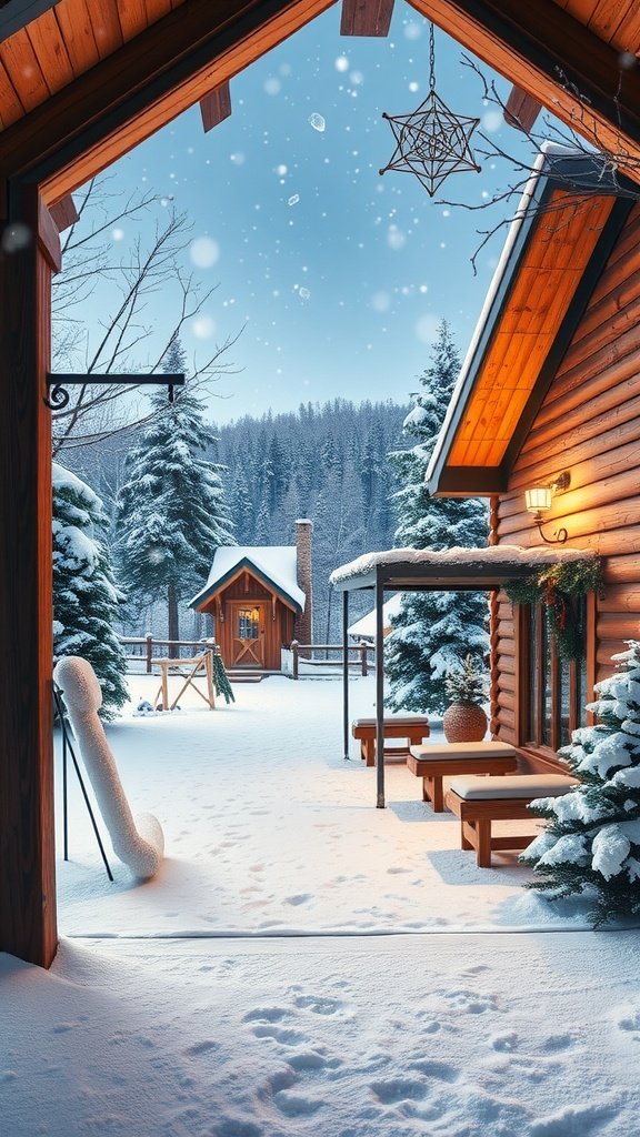 A cozy winter cabin with snow-covered surroundings and wooden architecture