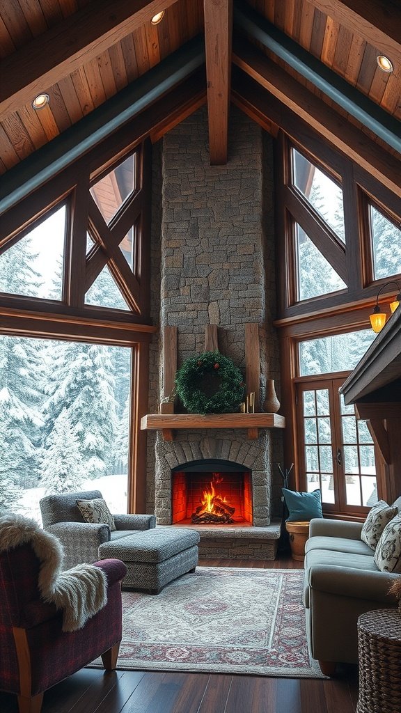 Cozy winter cabin interior with a large fireplace, timber beams, and snow outside