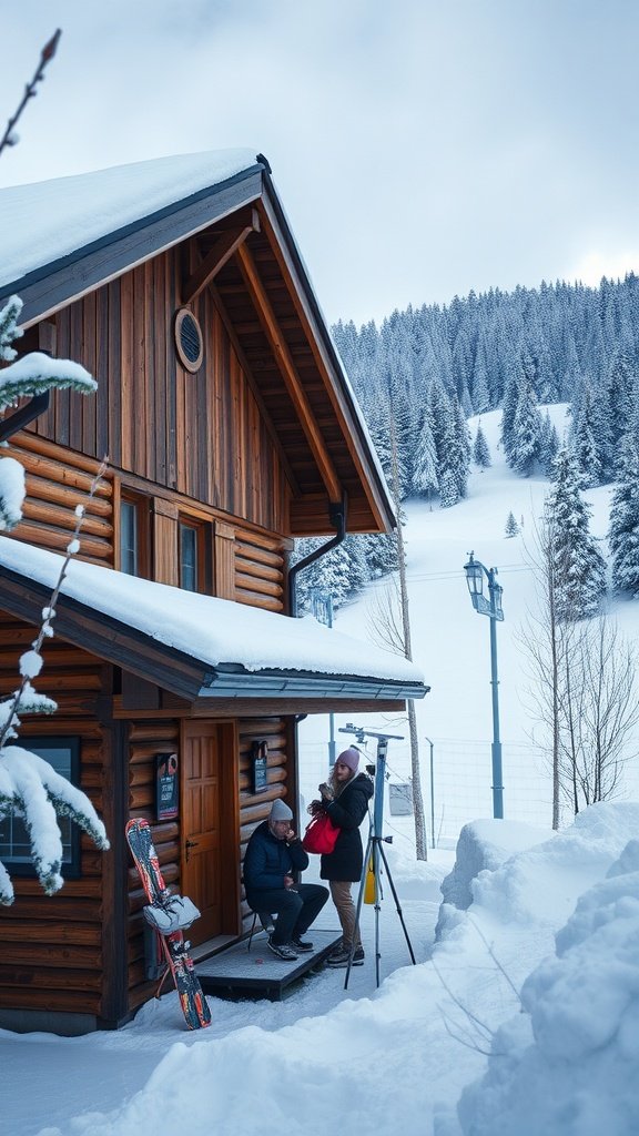 Cozy winter cabin with snow-covered surroundings and two people enjoying the view.