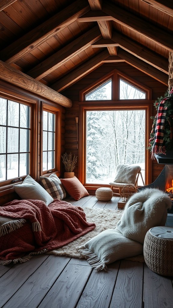 Cozy cabin interior with wooden beams, large windows showing snowy landscape, and soft blankets.