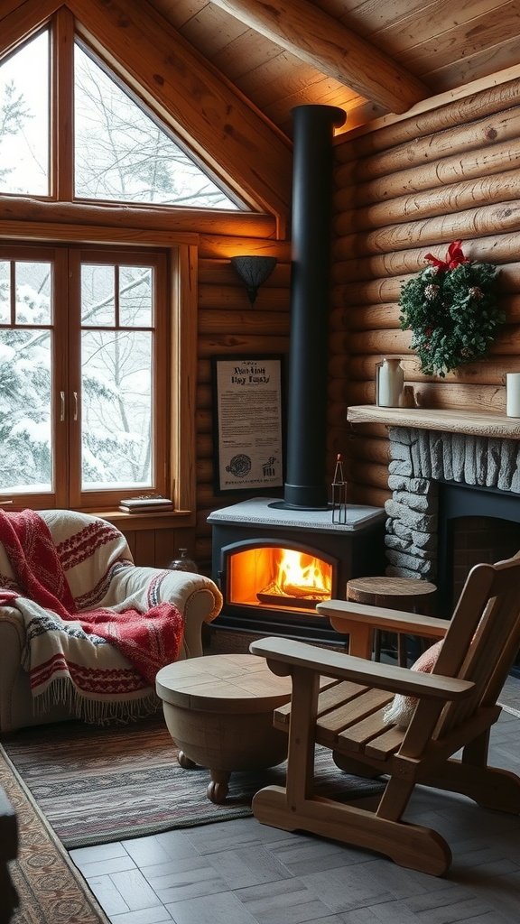 Cozy cabin interior featuring a warm fire, an armchair with a blanket, and wooden accents.