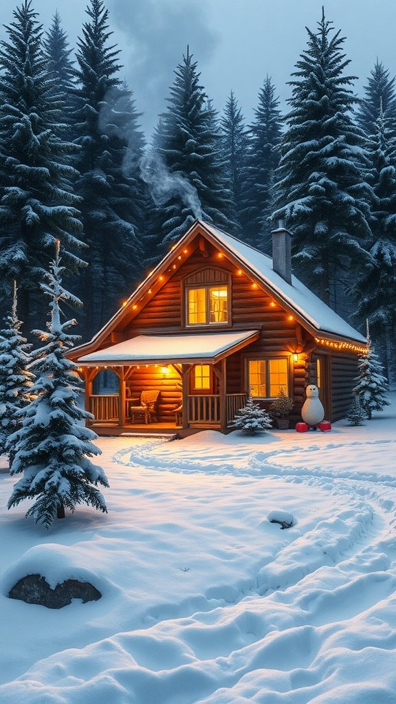 A cozy winter cabin with snow-covered surroundings and a snowman in the yard.