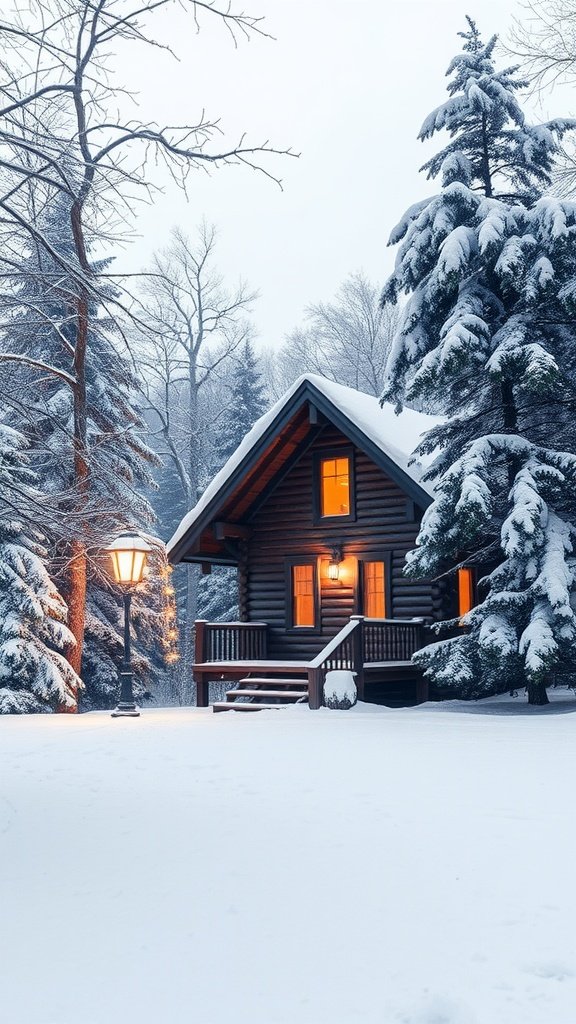 A cozy cabin in a snowy landscape, with warm lights glowing from the windows and tall snow-covered trees surrounding it.
