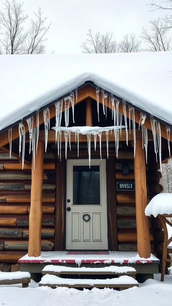 A cozy winter cabin in Vermont with icicles hanging from the roof and snow covering the porch.