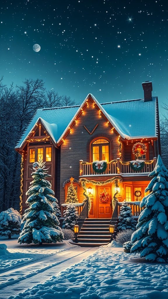 A beautifully decorated house with twinkling lights in a snowy landscape under a starry night sky.
