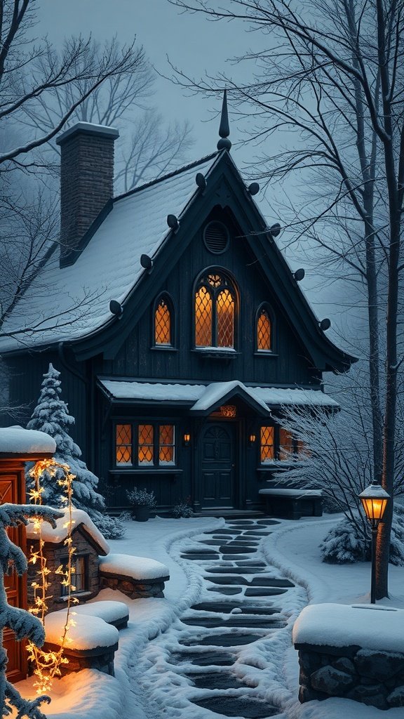 A dark gothic cottage surrounded by snow, with warm lights glowing from the windows, and a winding stone path leading to the entrance.