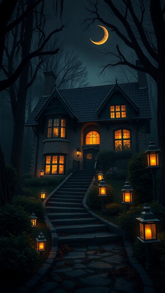 A charming dark cottage with glowing windows surrounded by trees and lanterns under a crescent moon.