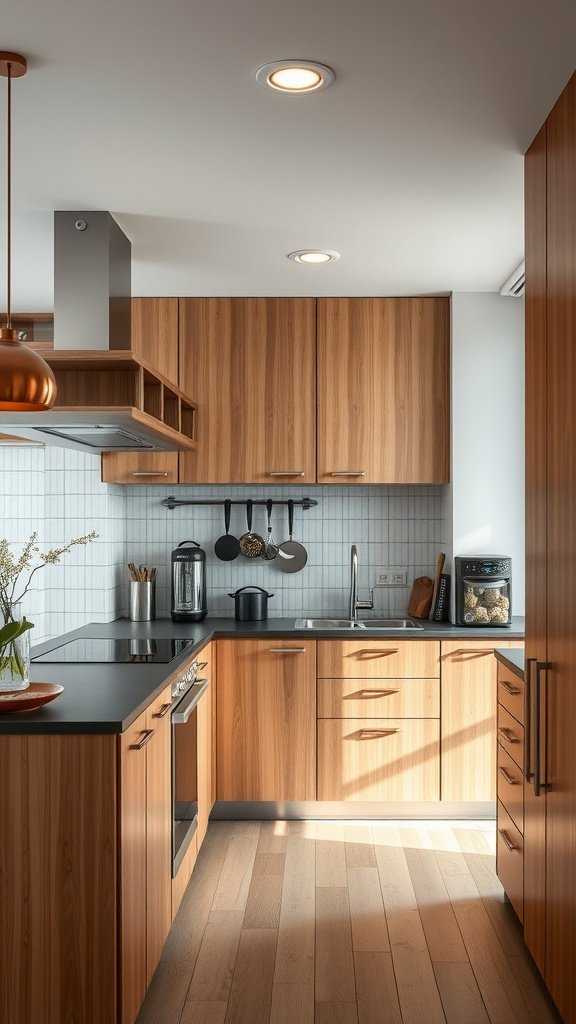 A modern kitchen featuring wooden cabinetry and metal accents in a stylish layout.