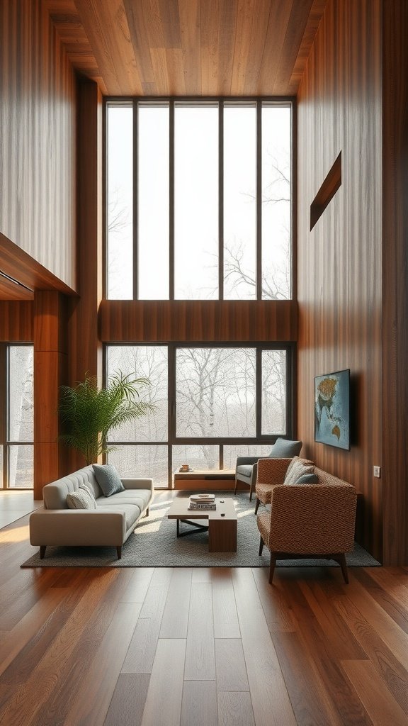 Interior of a modern house with wood paneling, large windows, and natural textures