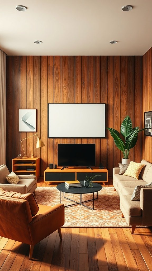 A stylish living room featuring wood paneling, modern furniture, and warm colors, showcasing a retro glam design.
