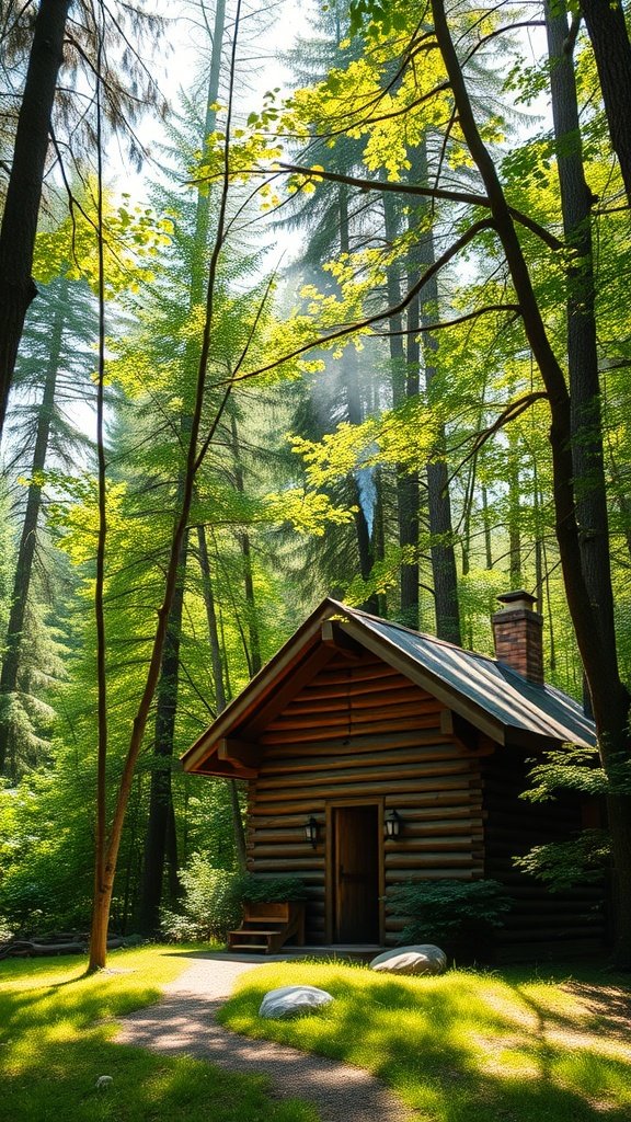 A cozy wooden cottage surrounded by lush green trees and sunlight filtering through the leaves.