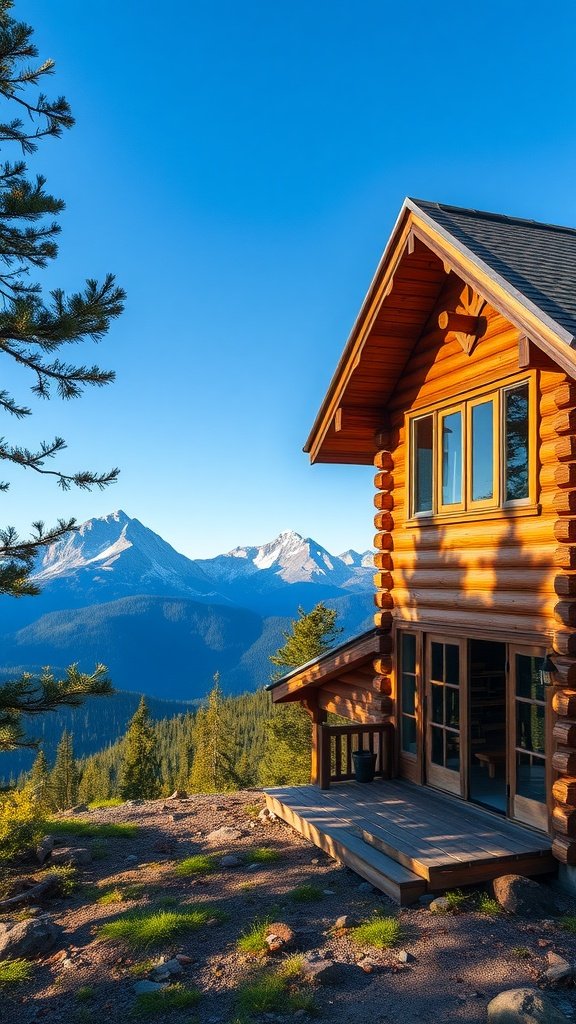 A wooden cabin with a stunning mountain view under a clear blue sky.