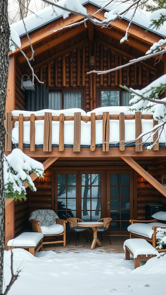 A wooden cabin with a lofted bedroom, featuring a cozy porch and snow-covered surroundings.