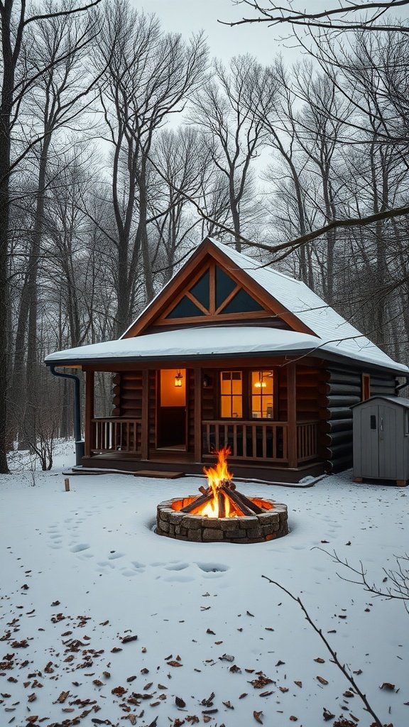 A cozy winter cabin in the woods with a fire pit in the snow