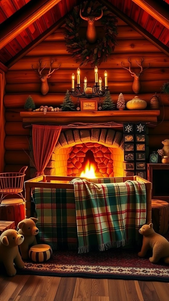 A cozy cabin interior with a fireplace, plaid blankets, and teddy bears, creating a warm and inviting atmosphere.