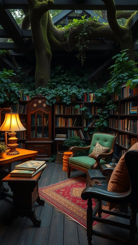 A cozy study filled with books, a green chair, and lush greenery, creating a serene atmosphere.