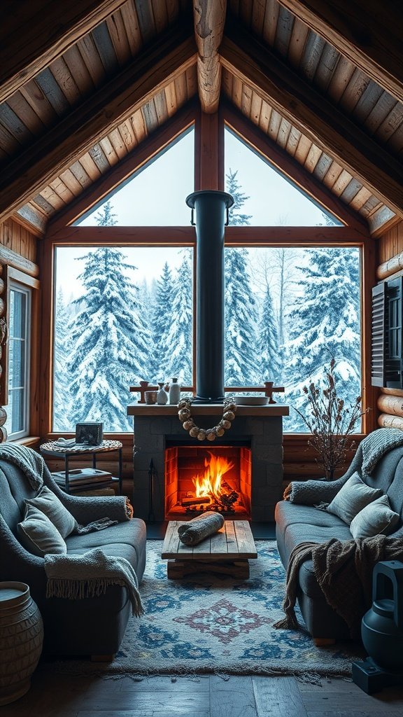 A cozy winter cabin interior with a fireplace, soft sofas, and a view of snowy trees outside.