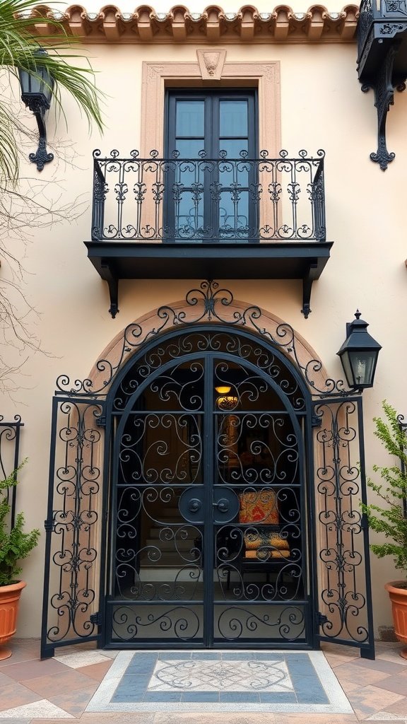 A beautiful wrought iron gate with intricate designs in front of a Spanish style house, featuring a balcony above it.