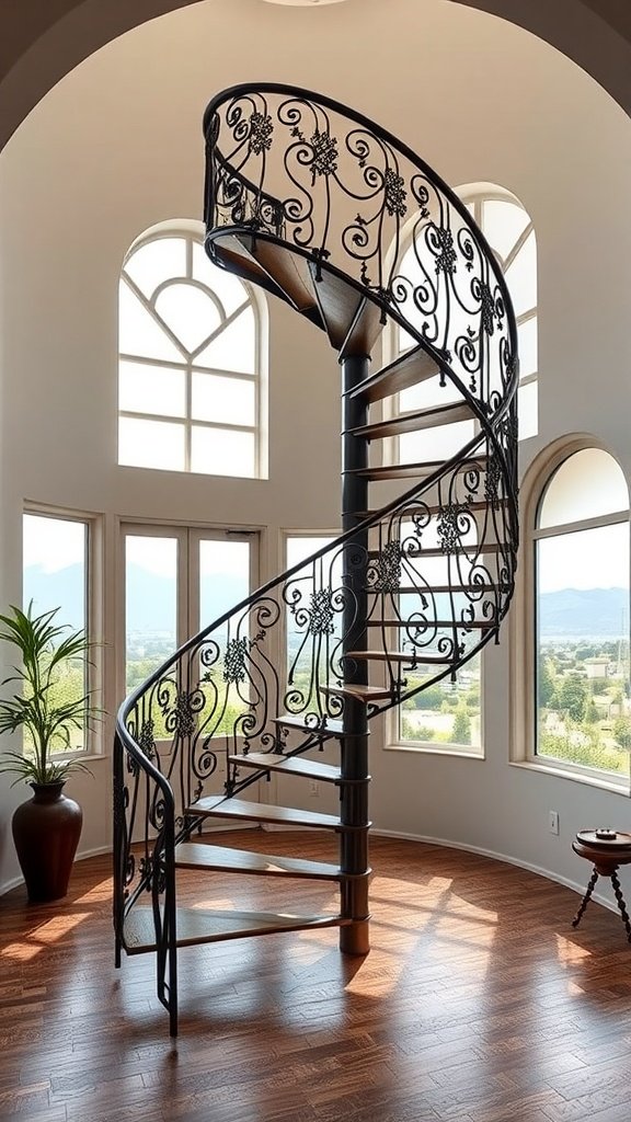 A beautifully designed wrought iron spiral staircase in a home with large windows offering a view
