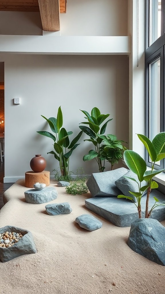 A modern Zen garden featuring sand, rocks, and plants, creating a calming atmosphere.