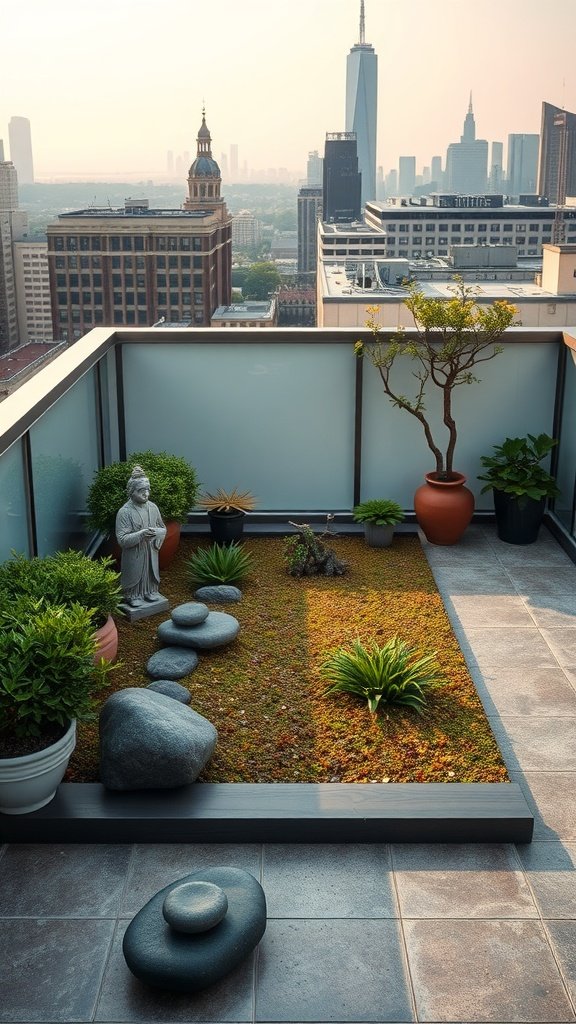 Zen garden terrace with stones, greenery, and a statue overlooking a city skyline